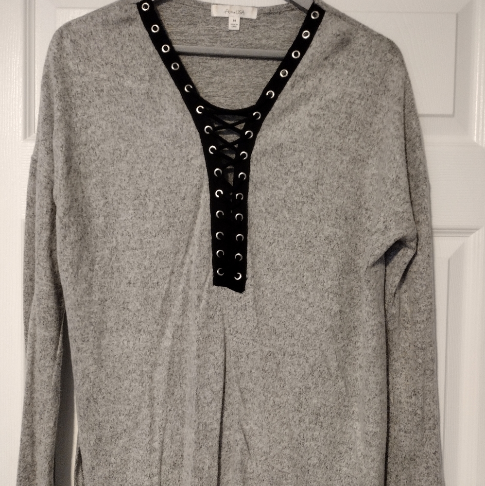 Soft Grey Sweater with Lace up Front